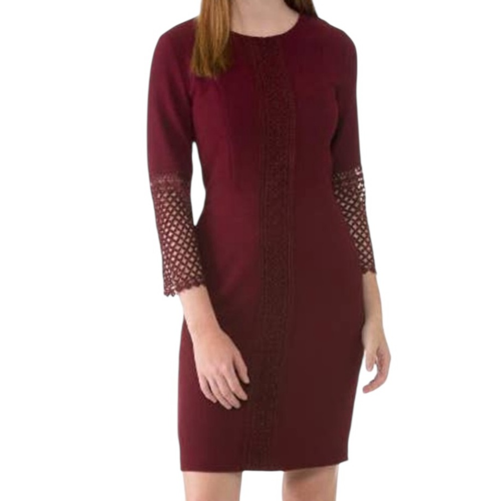 Karl Lagerfeld Paris Burgundy Sheath Dress with Crochet Lace Sleeves 6